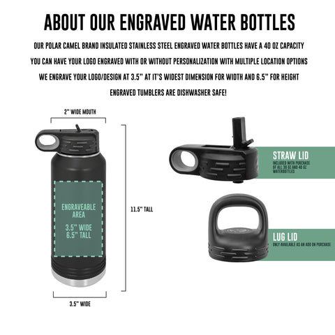 Engraved Standard 40oz Water Bottle - Logo+Text, Both Sides