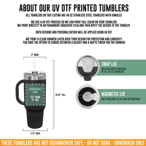 Printed Specialty 40oz Tumbler with Handle - Logo One Side, Text Other Side