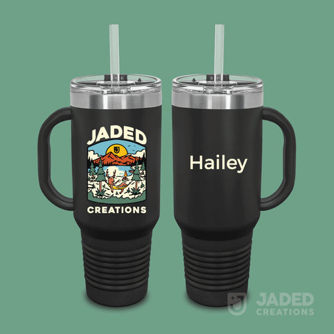 Printed 40oz Standard Tumbler with Handle - Logo One Side, Text Other Side