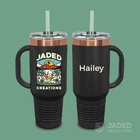 Printed Specialty 40oz Tumbler with Handle - Logo One Side, Text Other Side